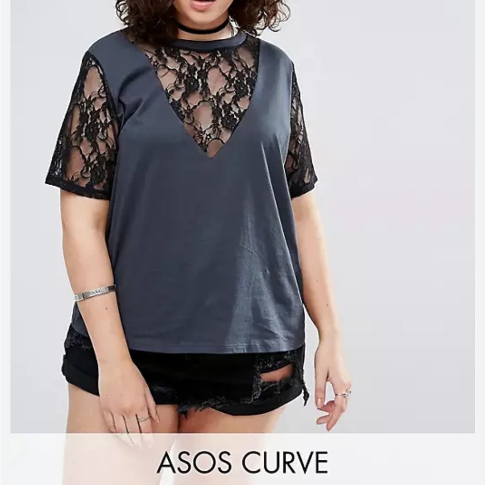 ASOS - women’s curve T-shirt blocked lace inserts short sleeve Charcoal size 20